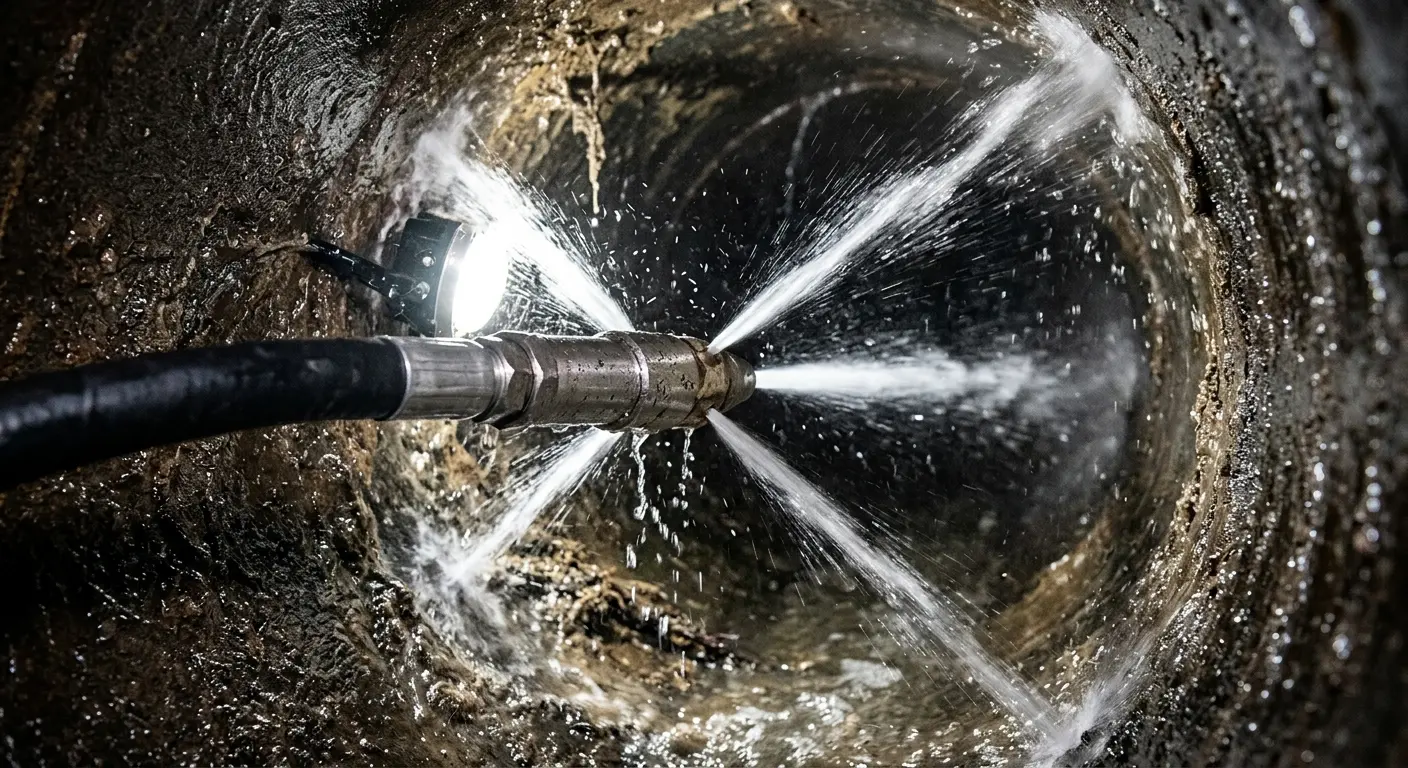 High-pressure hydro jetting nozzle cleaning sewer pipe for Sewer Cleanout in Highlands