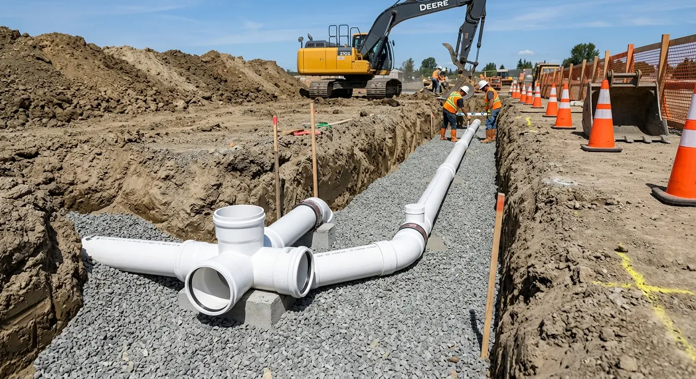 New PVC sewer pipe installation in open trench for Sewer Backup in Highlands