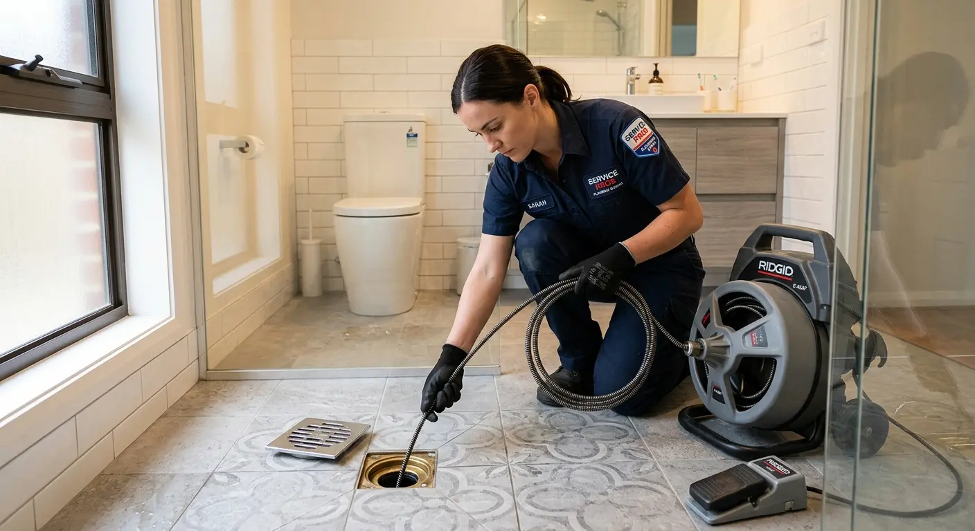 Technician clearing a bathroom floor drain for Clogged Drain Repair in Highlands